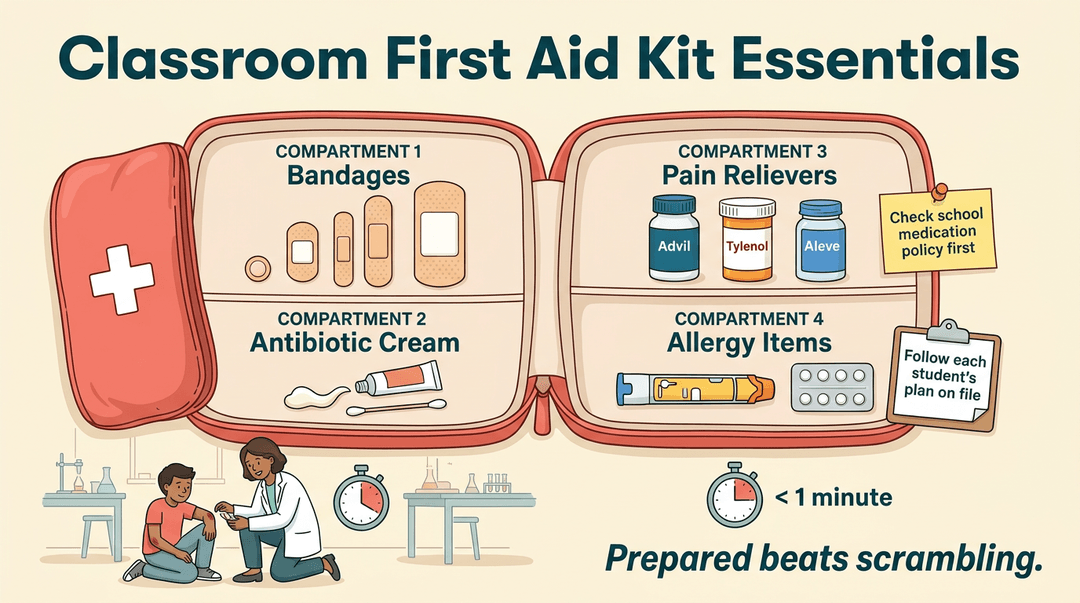 Illustration of a classroom first aid kit with bandages, ointment, meds, and allergy items, plus a teacher helping a student.
