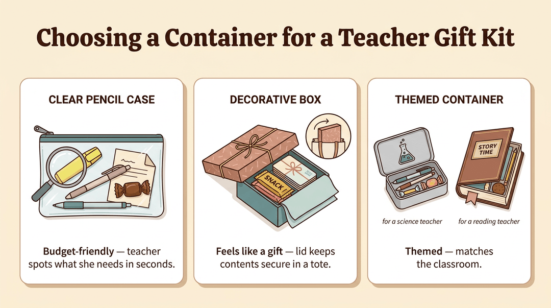 Three illustrated container options for teacher gifts: a clear pencil case, decorative box, and themed tin or book-shaped box.
