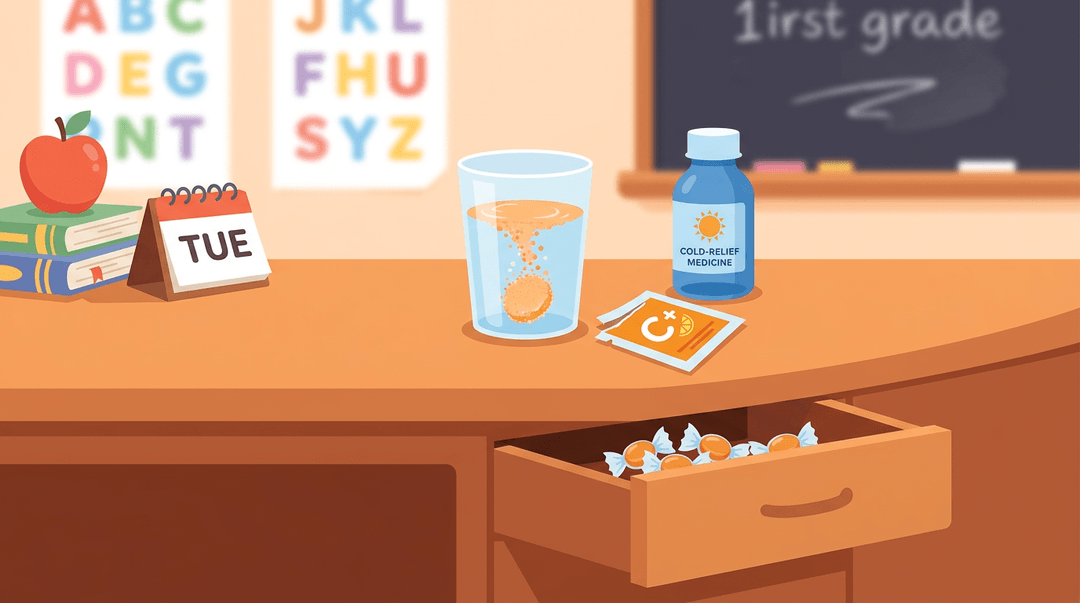 A teacher's desk with cold medicine, cough drops, and an apple.