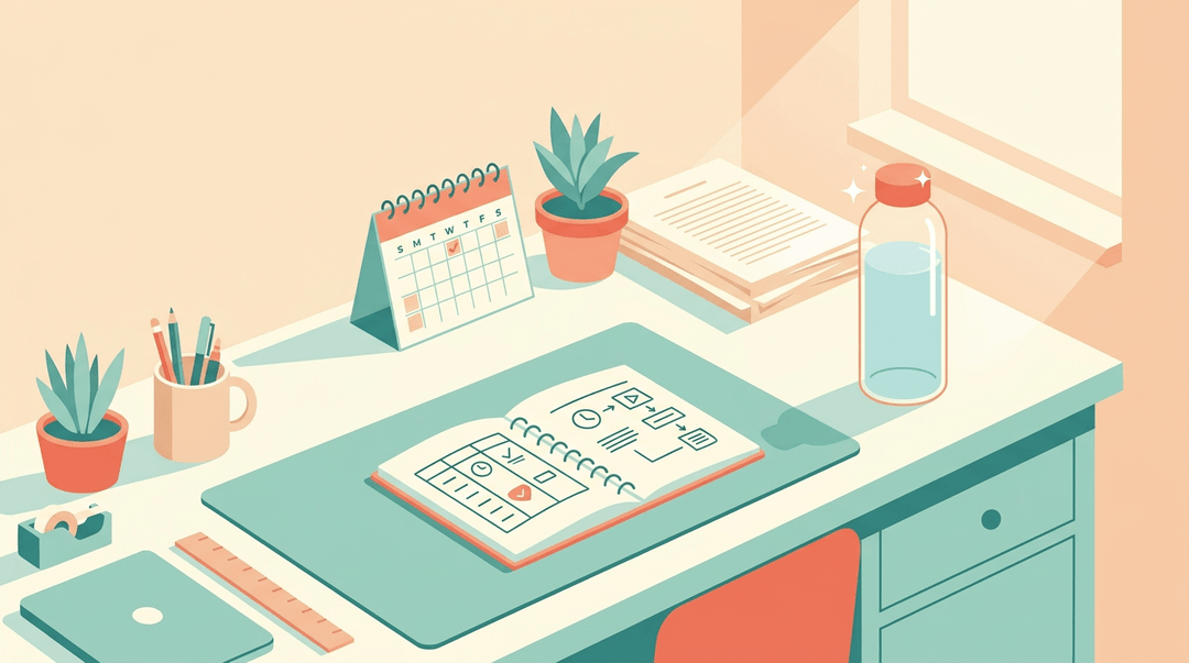 A tidy teacher's desk features a clear water bottle in the corner, highlighted by sunlight to serve as an easy hydration reminder.