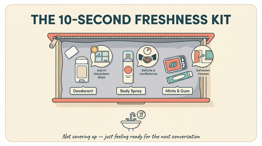 Infographic showing a kit with deodorant, body spray, and mints for quick teacher refreshment between classes.