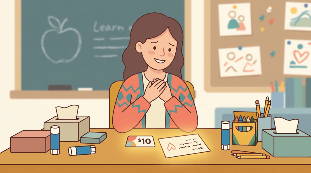 A teacher sits at her desk, moved by a gift card and handwritten note from students.