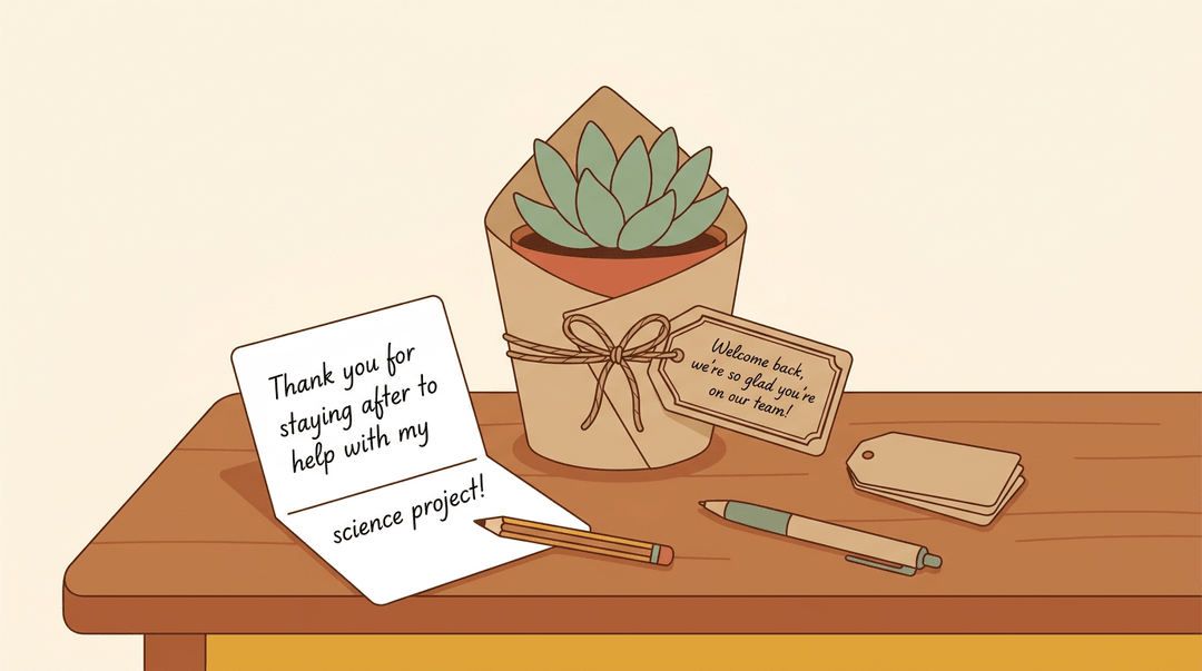 A succulent gift and handwritten note card on a table, expressing gratitude to a teacher.