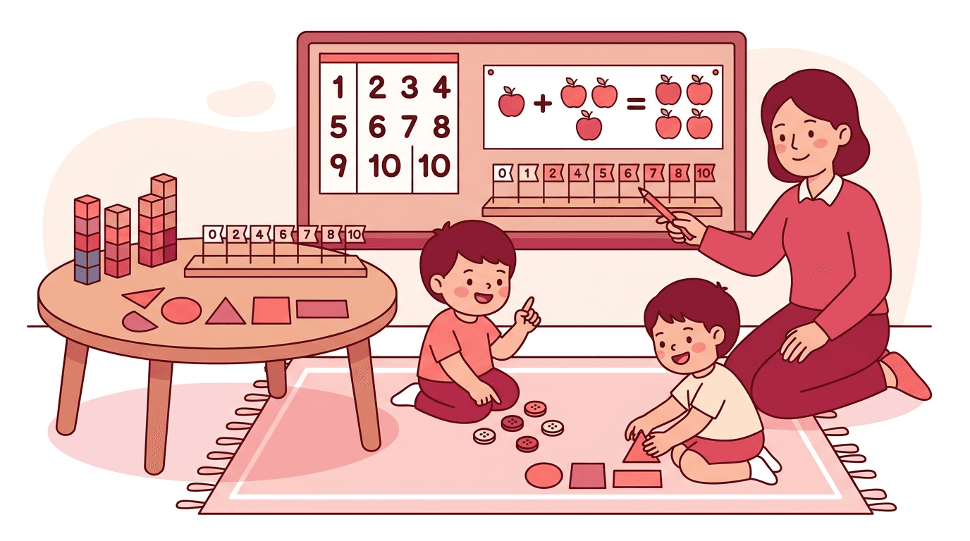 Children and teacher learn counting and shapes with blocks, a number line, and apple equations in a pink-toned classroom.