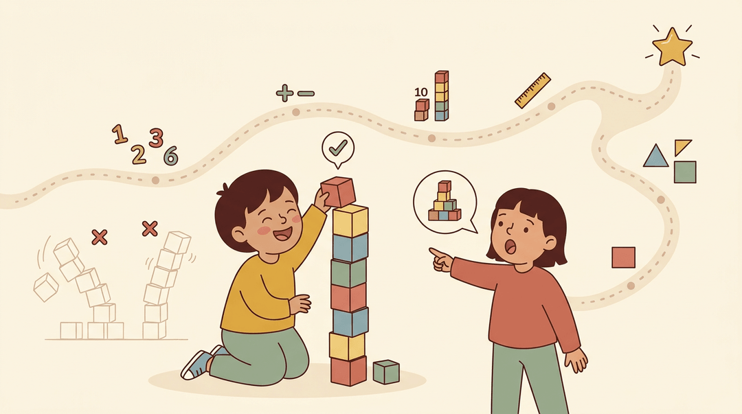 A child builds a block tower with past failures shown, while a peer explains, guided by a path of math icons toward a star.