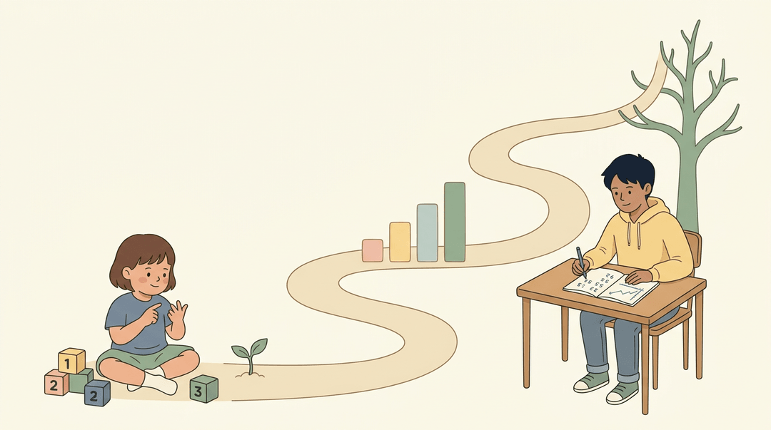 A winding path connects a young child counting blocks to a teen studying math, symbolizing growing academic confidence.