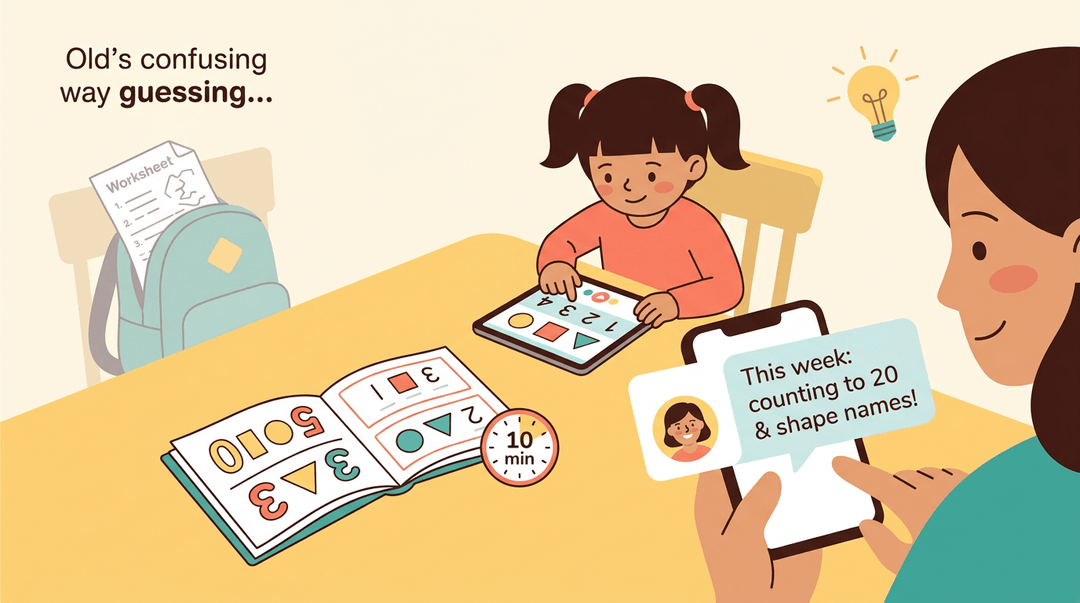 Parent smiles at teacher's clear message while child practices counting on a tablet at the kitchen table.