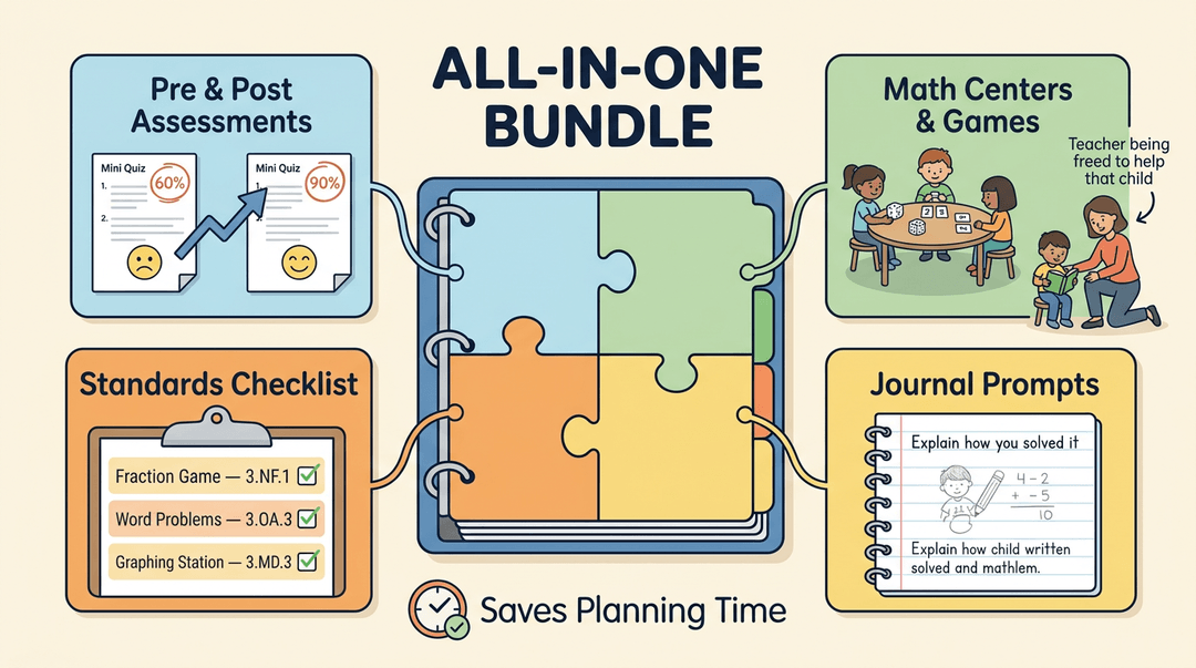 An educational illustration shows a binder bundle with cards for assessments, math games, standards checklists, and journal prompts to save planning time.