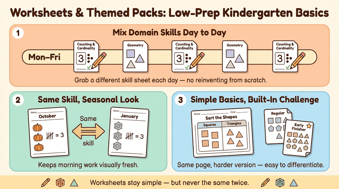 Infographic showing low-prep kindergarten worksheet strategies including daily skill mixing, seasonal variations, and simple differentiation.