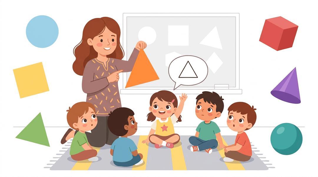Teacher holds an orange triangle on its point while children learn that shape identity remains unchanged regardless of orientation.
