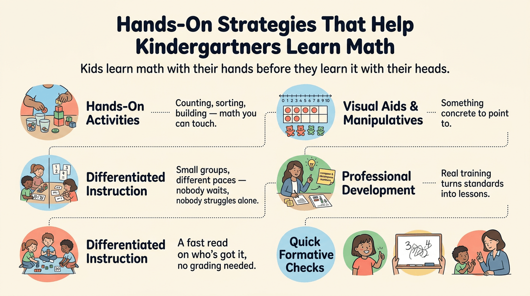 Infographic showing five hands-on kindergarten math strategies: activities, manipulatives, differentiated instruction, professional development, and formative checks.