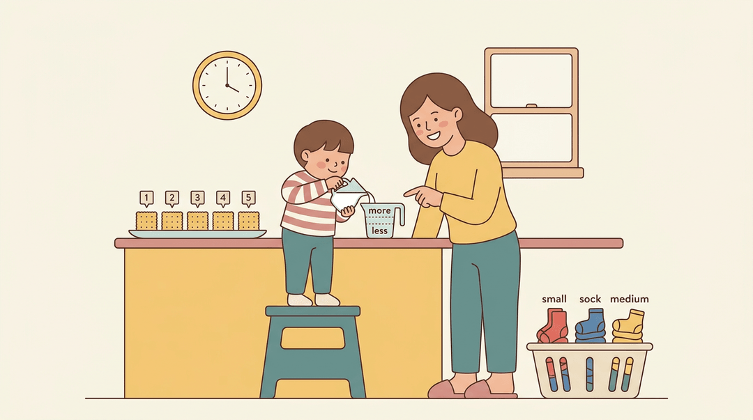 Child learns math in kitchen: pouring milk, counting crackers, sorting socks, while parent encourages.
