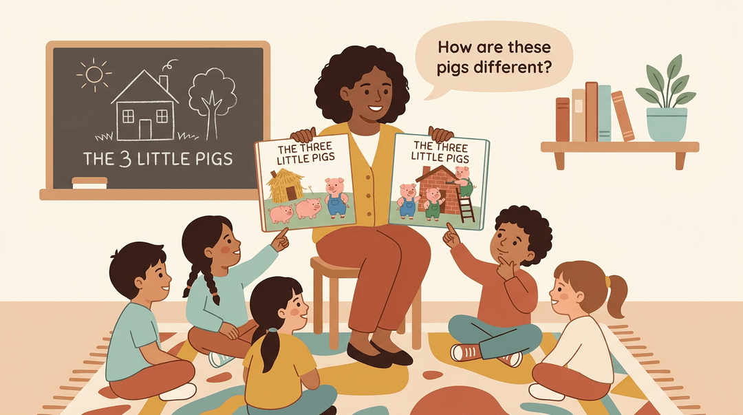 A teacher compares two versions of The Three Little Pigs to diverse children on a classroom rug.