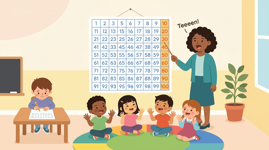 Teacher points to a hundreds chart highlighting tens while diverse students count with fingers and write numbers.