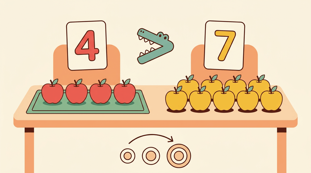 Red apples labeled 4 and yellow apples labeled 7 separated by a greater-than symbol, with size-ordering circles below.