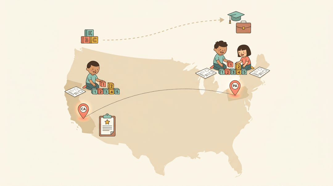 Map of US showing kindergartners in PA and CA learning identical math skills, linked by a dotted line to symbolize consistent early education standards.
