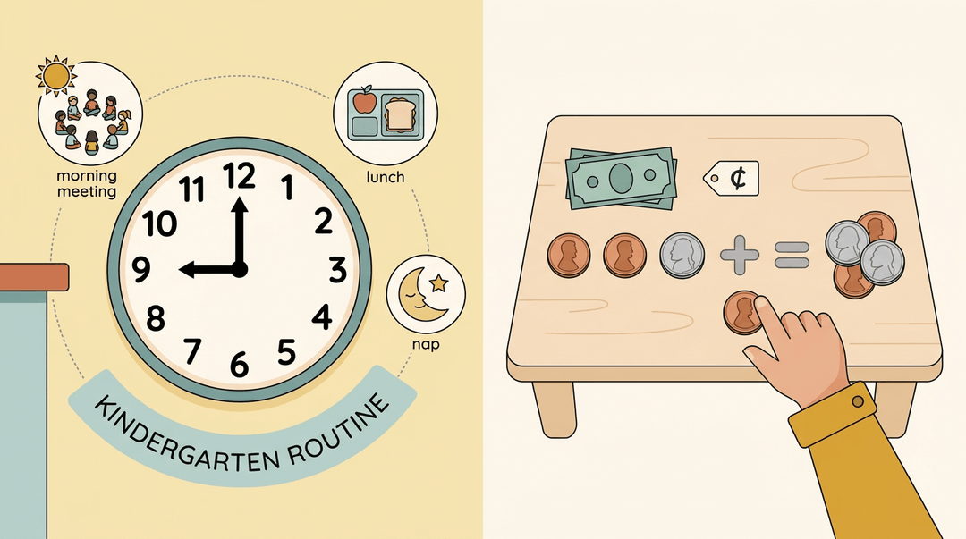 An analog clock showing 9:00 sits beside a child's hand touching coins on a table, illustrating lessons on time and money.