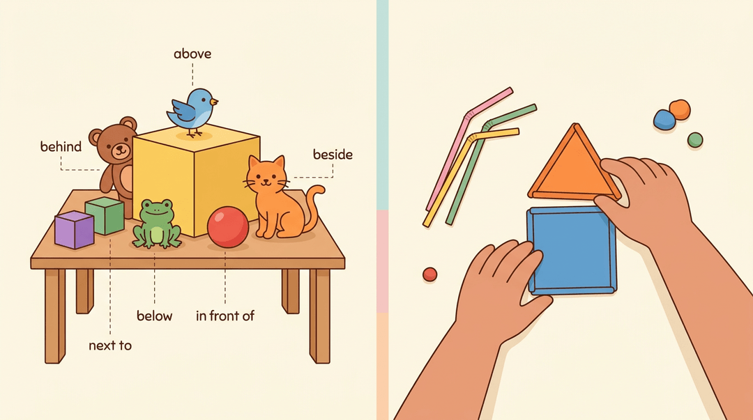 Illustration showing positional words with toys and children building shapes with clay.