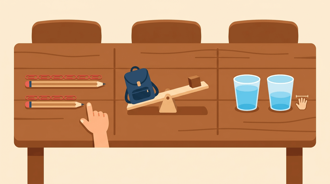 Three scenes compare length, weight, and capacity using pencils, a balance scale, and water cups on a wooden table.
