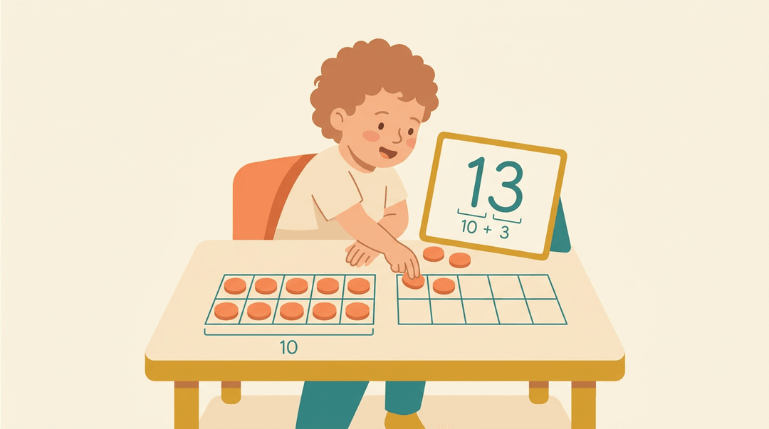 Kindergartner places counters on ten-frames to show 13 as 10 plus 3.