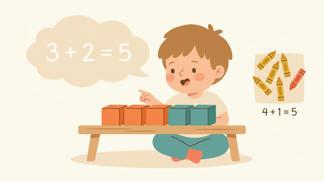 A child counts wooden blocks to learn addition, showing 3 plus 2 equals 5.