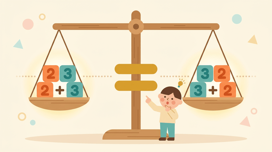 A child points to a balanced scale where 2 plus 3 equals 3 plus 2, showing order doesn't change the sum.