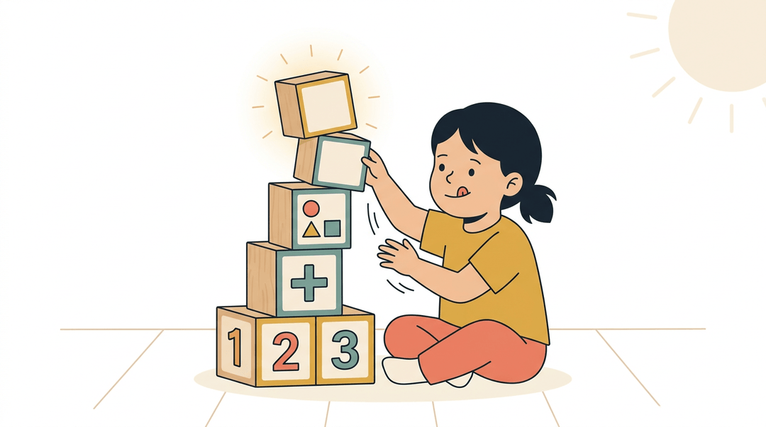 A child stacks wooden blocks labeled with math symbols like numbers and shapes, building a tower that represents learning foundations.