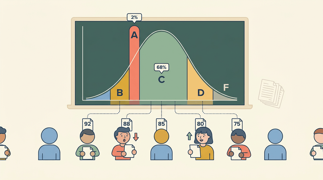 Bell curve graph showing curved grading where students with different scores land in same grade bands based on relative rank.