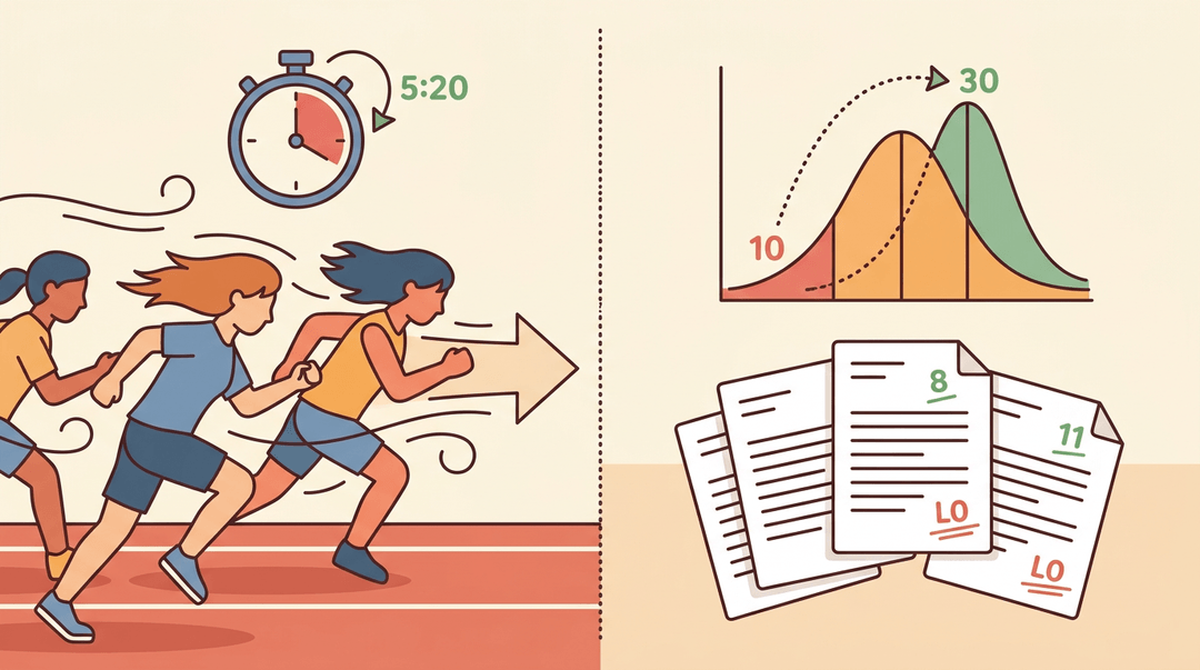 A split illustration compares runners battling wind to students facing difficult exams, both showing upward adjustments leading to better results.