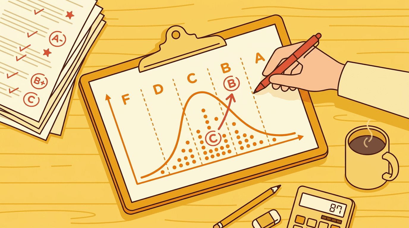A teacher adjusts a student's grade on a bell curve graph at their desk, symbolizing grading on a curve.