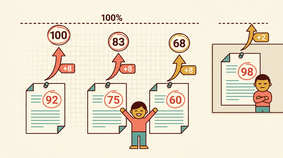 Illustration shows how a fixed point boost helps lower scores more than higher ones, with happy students below and an unimpressed one near the top.