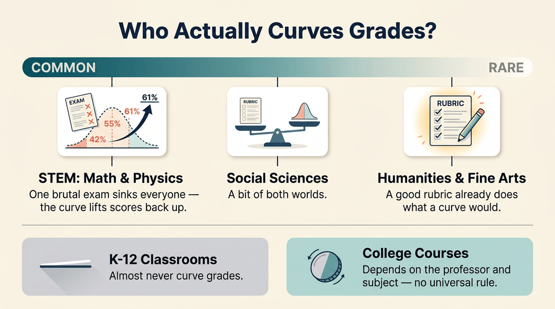 Infographic showing grade curving is common in STEM, mixed in social sciences, and rare in humanities, with K-12 rarely using curves.