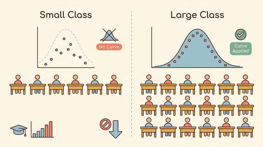 A chart comparing small and large classes, showing no grade curve for small groups with high-achieving students versus a bell curve applied to larger classes.