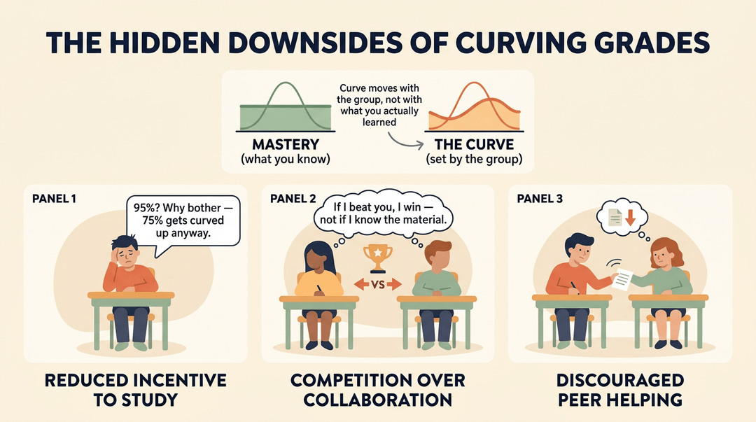Infographic showing how grading curves reduce study incentive, encourage competition over collaboration, and discourage peer help.