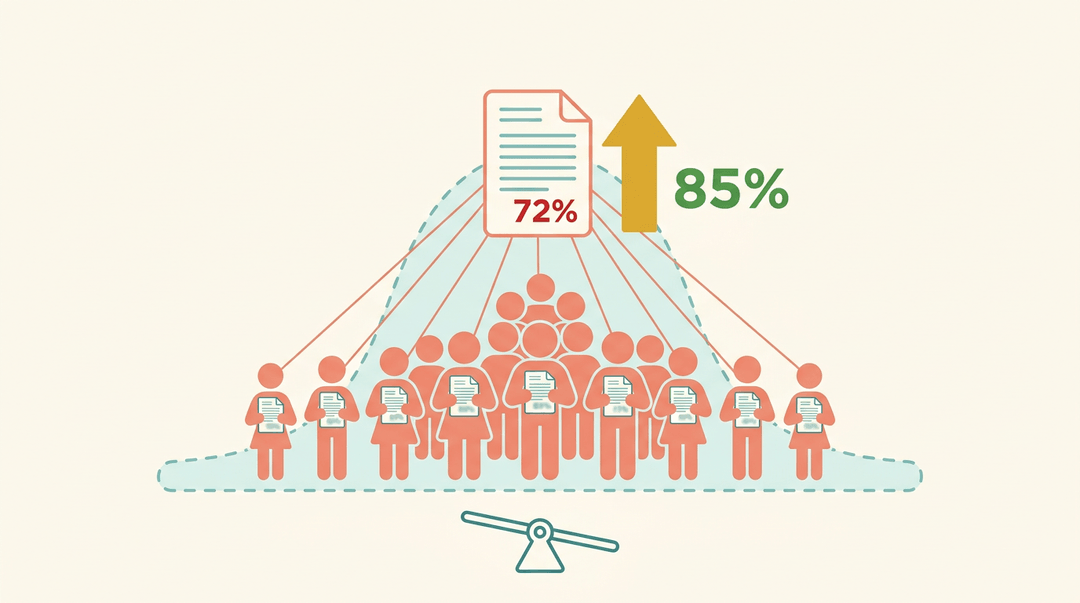 A graded exam paper showing an improved score, supported by a bell curve of student silhouettes and a scale icon.