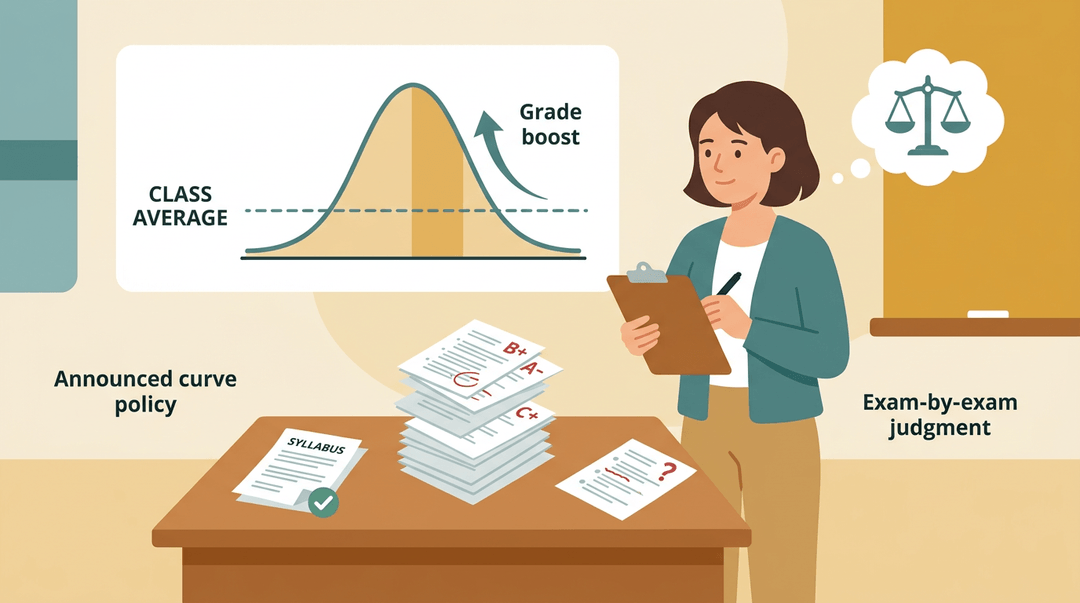 A teacher considers a bell curve grade boost, balancing policy and discretion with a scale icon.