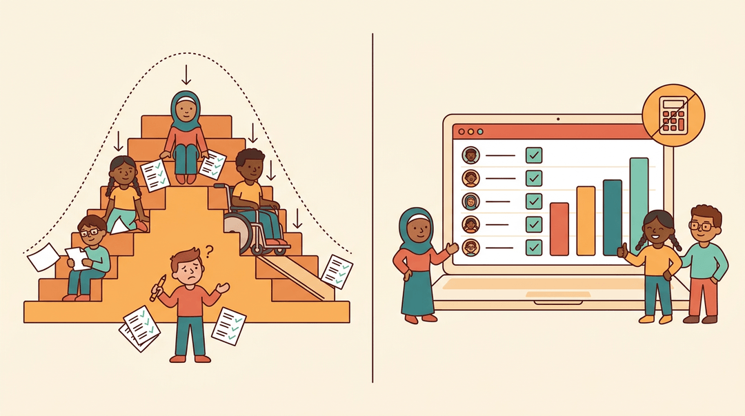Split image contrasting forced bell curve grading with equitable digital assessment, showing students thriving under fair evaluation.