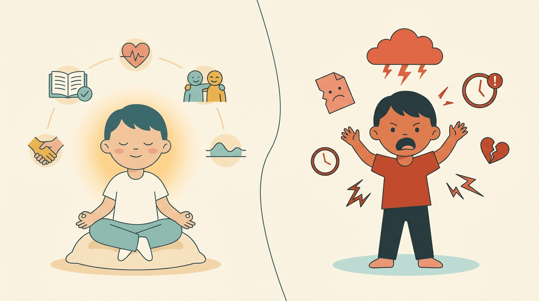 Contrast between a calm student with positive icons and a stressed child amidst chaotic symbols.
