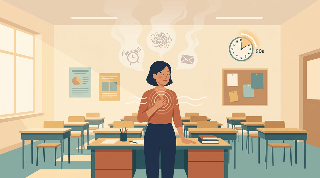 A teacher breathes calmly in an empty classroom as stress symbols fade away, with a clock showing a 90-second break.