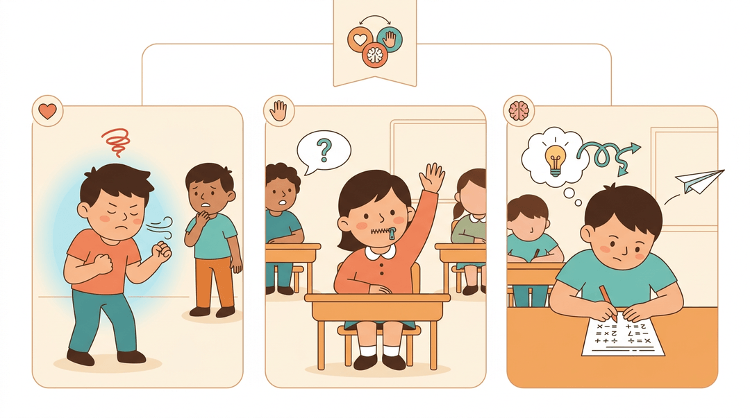 Three scenes show children using self-regulation: calming anger, waiting to speak, and focusing on work.