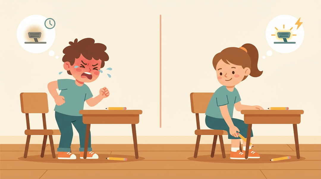 Side-by-side comparison shows how children with slow versus fast emotional regulation react differently to the same minor classroom frustration.