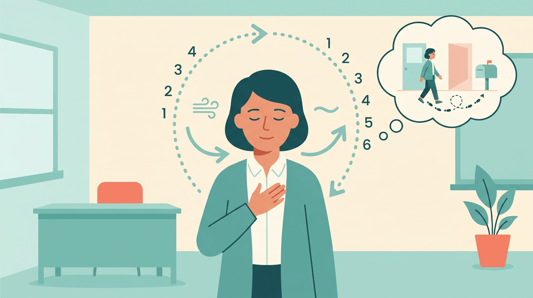 Calm teacher practices slow breathing with a visual cycle, while a thought bubble shows taking a short walk for stress relief.