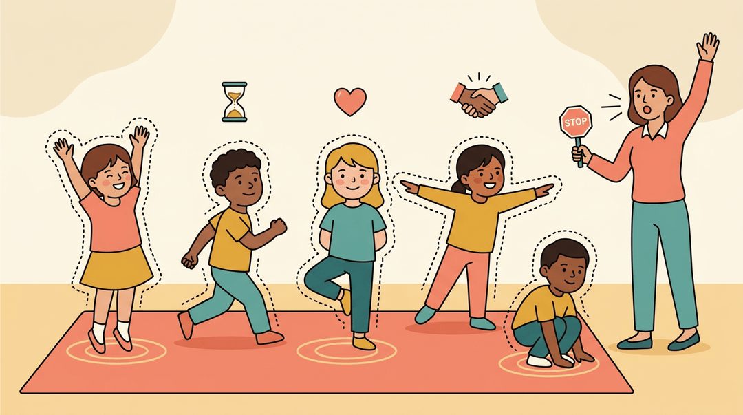 Diverse children freeze in playful poses during a game while a teacher watches, symbolizing patience and self-control.