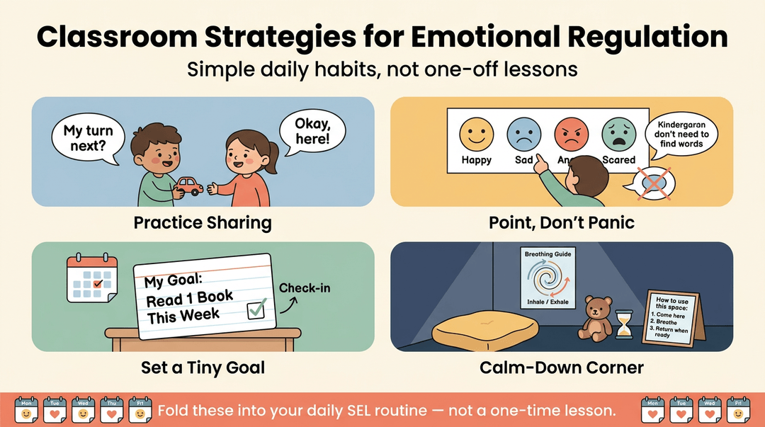 Infographic showing four classroom strategies for emotional regulation: sharing, identifying feelings, setting goals, and using a calm-down corner.