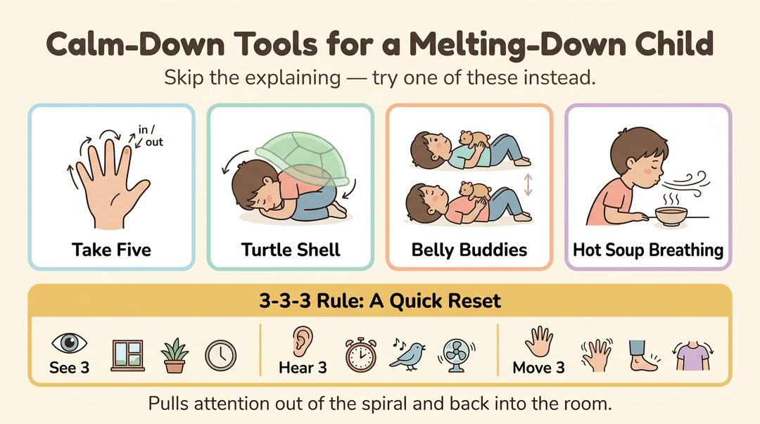 Infographic showing four calm-down techniques and the 3-3-3 sensory grounding rule for helping children during meltdowns.