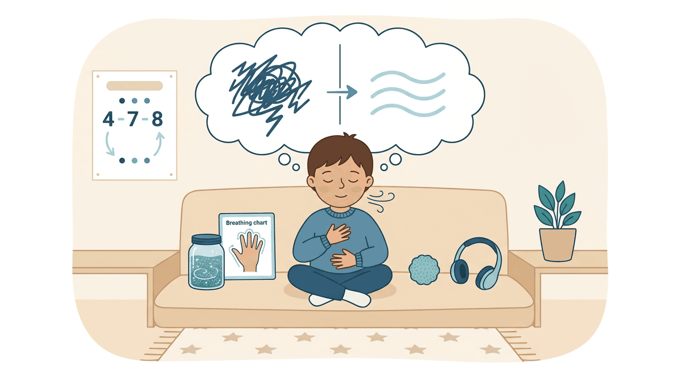 Child practices deep breathing in a calm-down corner with tools like a jar, headphones, and a poster.