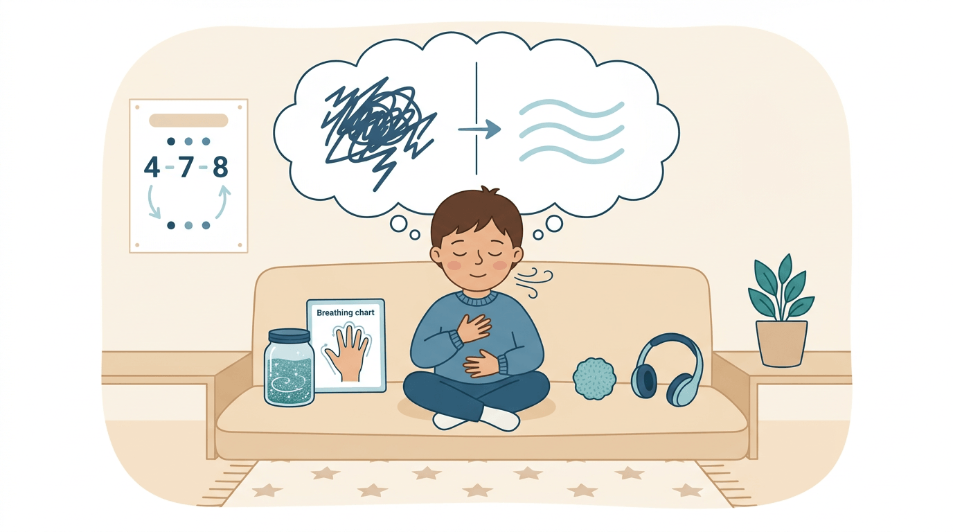 Child practices deep breathing in a calm-down corner with tools like a jar, headphones, and a poster.