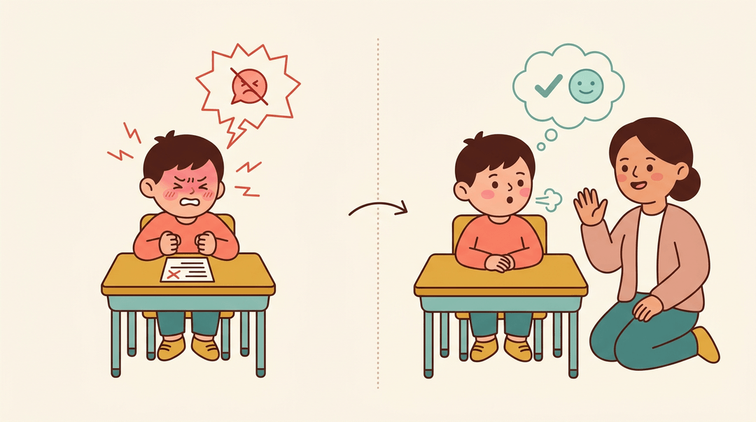 A split illustration shows a student shifting from test distress to calm breathing, guided by a supportive teacher.