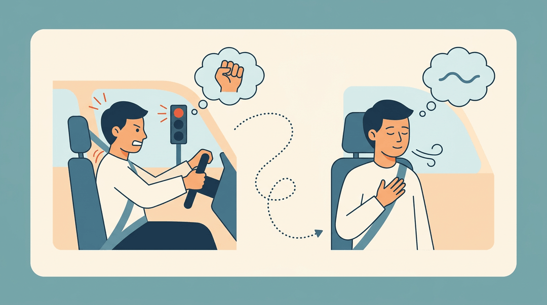 A person shifts from road rage to calm breathing, showing how pausing helps regulate emotions.
