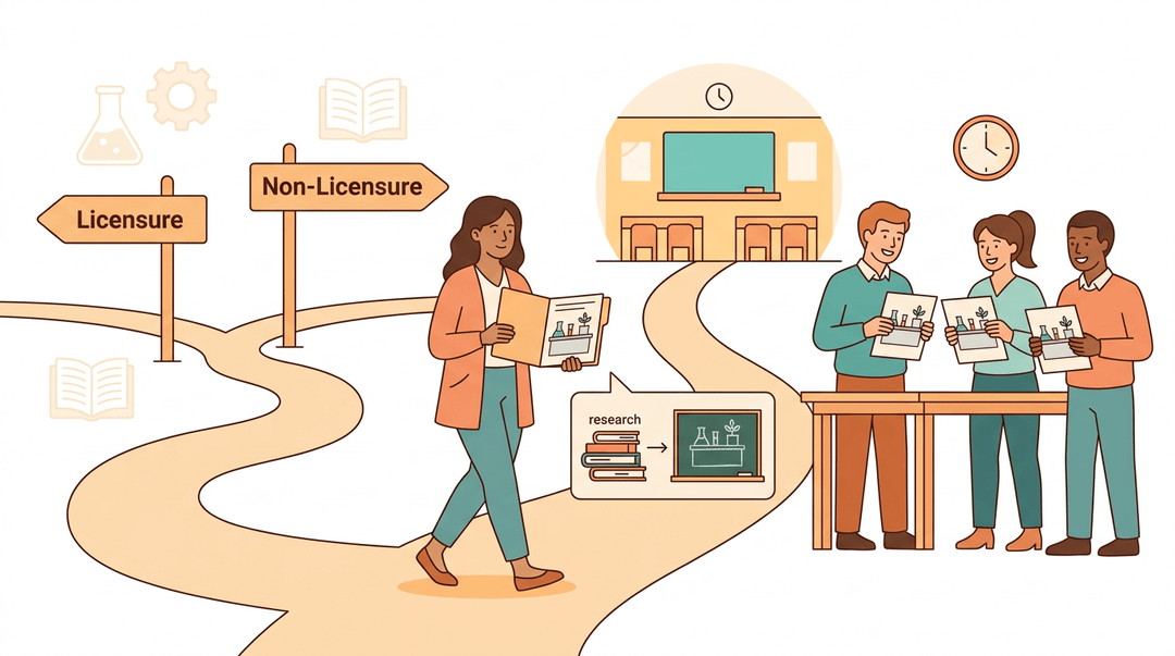 A teacher walks a merged path from licensure choices to practice, sharing lab designs with colleagues in a warm vector illustration.